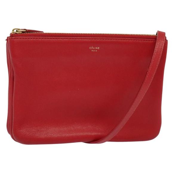 CELINE Trio Shoulder Bag Leather Red Gold Auth hk2829 - Picture 1 of 16